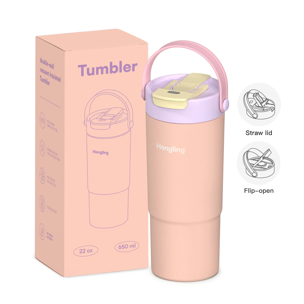 [B2B Sample Order] 22oz Stainless Steel Insulated Tumbler with Handle & 2-in-1 Lid | Free Digital Mockup & Custom Logo