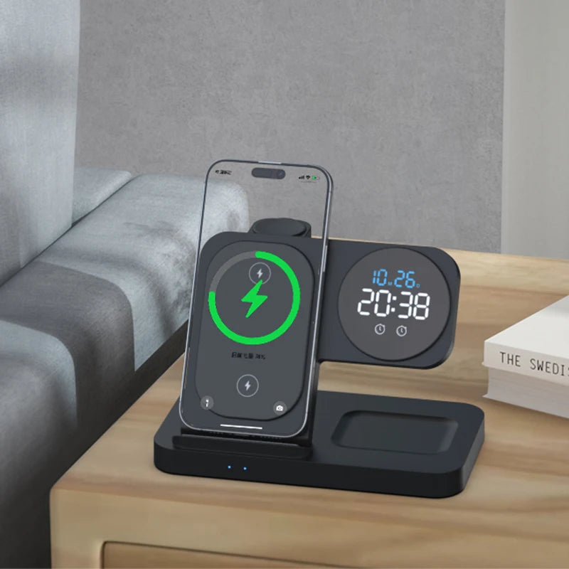 [B2B Sample Order] Foldable 4-in-1 Wireless Charging Station with Digital Clock & Alarm (15W Max) | Custom Logo & Free Mockup
