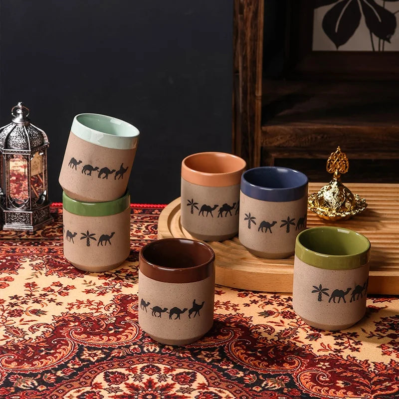 Camel Caravan Print Ceramic Arabic Coffee Cup | Traditional Saudi Arabia Qahwa Pottery Mug