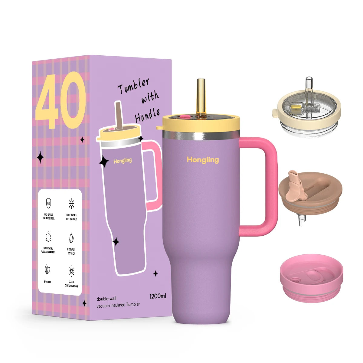 [B2B Sample Order] 1.2L (40oz) Tumbler with Ergonomic Handle & Multi-Lids Double-Wall 18/8 Stainless Steel Vacuum Insulated | Free Digital Mockup & Custom Logo