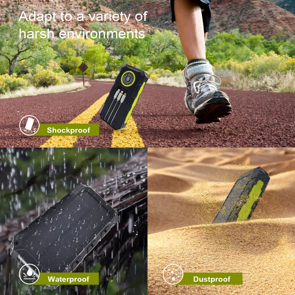 [B2B Sample Order] 30000mAh Waterproof Solar Power Bank with Built-in 3 Cables & 8-LED Floodlight | Custom Logo & Free Mockup