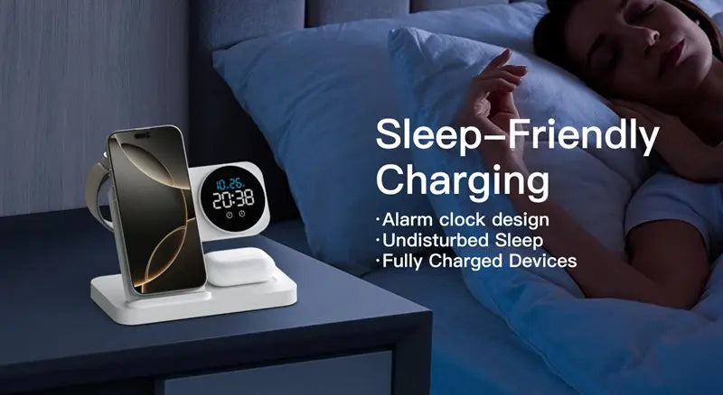 [B2B Sample Order] Foldable 4-in-1 Wireless Charging Station with Digital Clock & Alarm (15W Max) | Custom Logo & Free Mockup