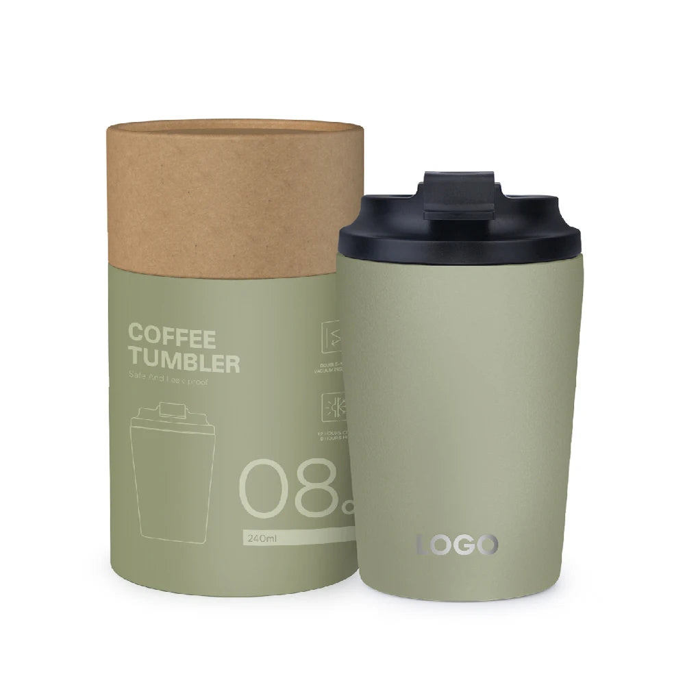 [B2B Sample Order] Flip-Open Stainless Steel Double-Wall Vacuum Insulated Coffee Mug (8oz / 12oz) | Free Digital Mockup & Custom Logo