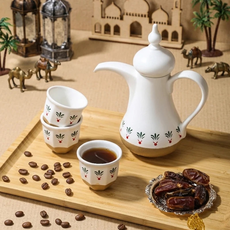 Luxury Ceramic Qahwa Dallah Coffee Set with 6 Cups | Traditional Arabic Hospitality Gift Set