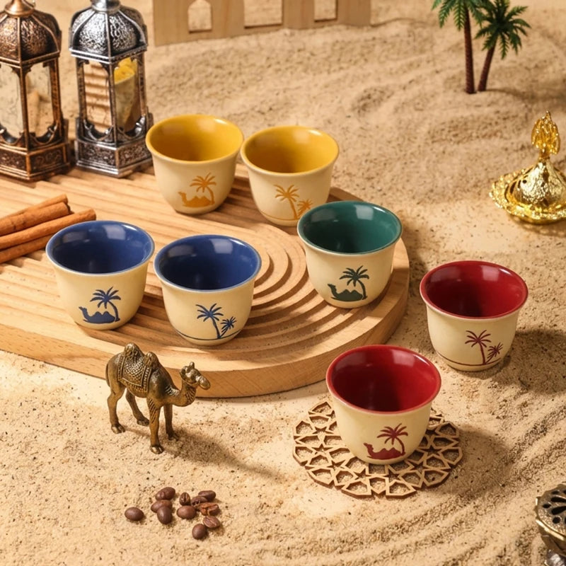 Desert Camel & Palm Tree Ceramic Arabic Coffee Cup | Traditional Saudi Arabia Qahwa Mug