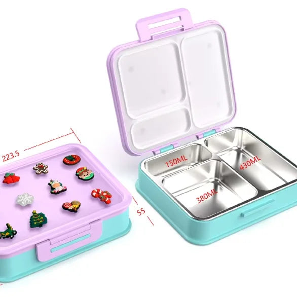 3-Compartment Stainless Steel Kids Bento Lunch Box with DIY Charm Lid (960ml)
