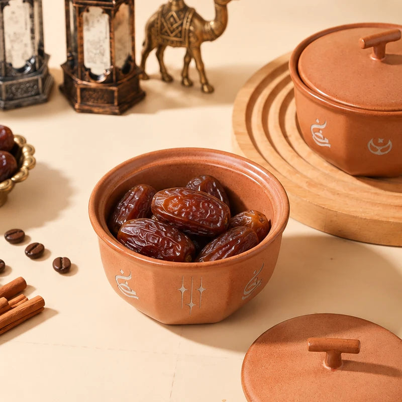 Handmade Ceramic Arabic Qahwa Cup Set with Lidded Date Bowl | Ramadan & Eid Hospitality Gift Set