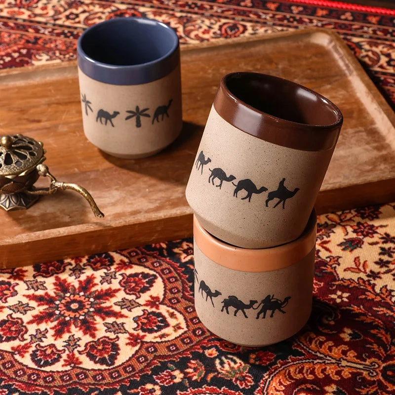Camel Caravan Print Ceramic Arabic Coffee Cup | Traditional Saudi Arabia Qahwa Pottery Mug