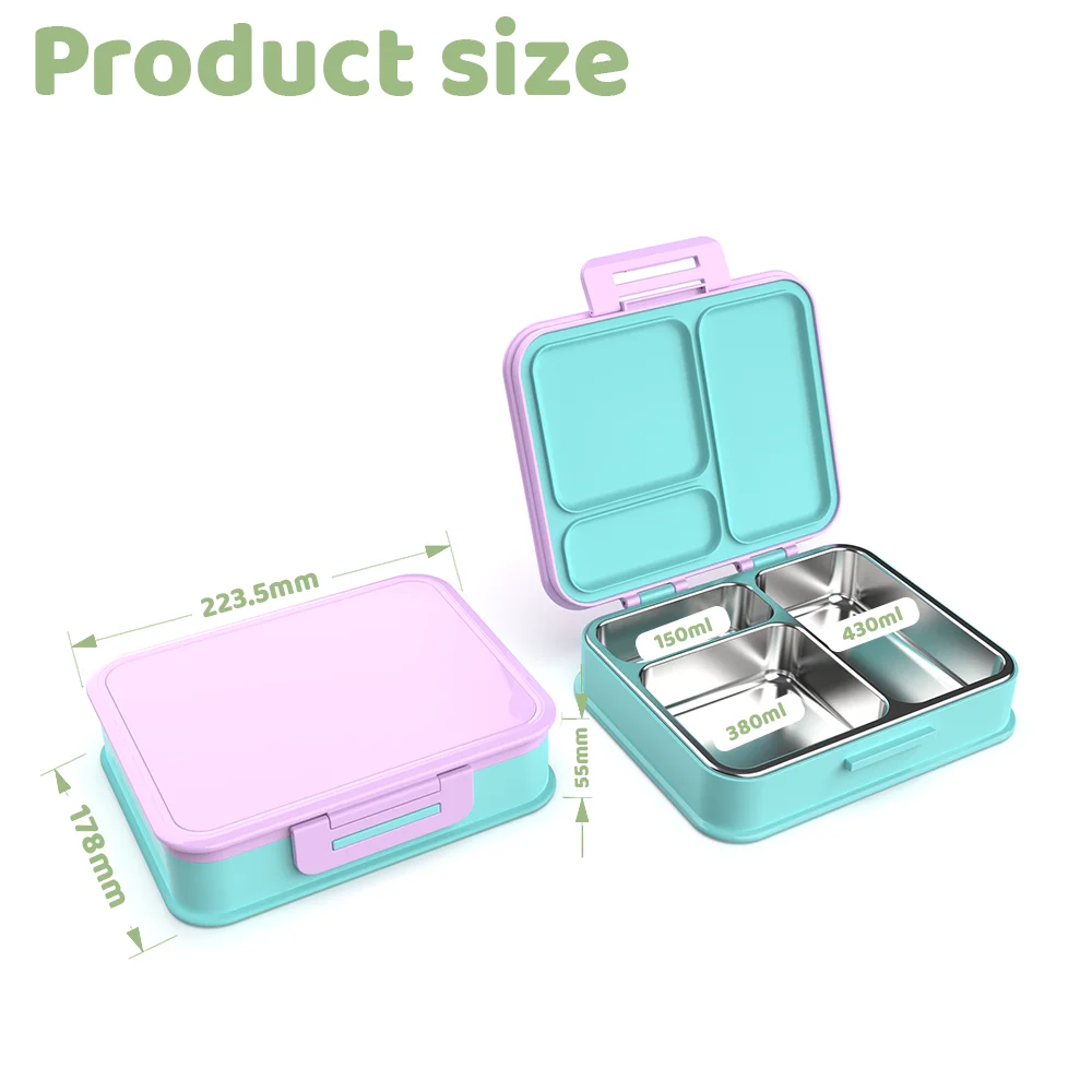 [B2B Sample Order] 3-Compartment Removable 304 Stainless Steel Kids Bento Lunch Box with DIY Charm Lid (960ml) | Standard & Custom OEM Sample
