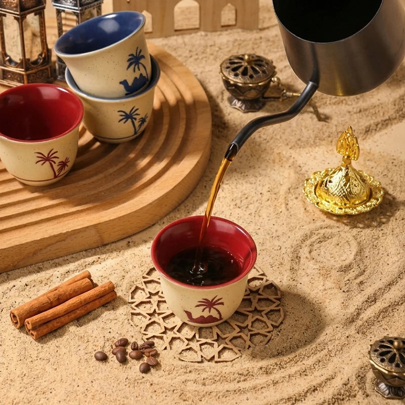 Desert Camel & Palm Tree Ceramic Arabic Coffee Cup | Traditional Saudi Arabia Qahwa Mug