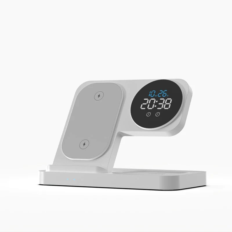 [B2B Sample Order] Foldable 4-in-1 Wireless Charging Station with Digital Clock & Alarm (15W Max) | Custom Logo & Free Mockup