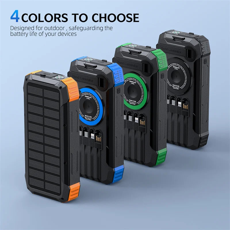 [B2B Sample Order] 20000mAh Solar Power Bank with Hand Crank & Built-in 4 Cables (PD 20W / 15W Wireless) | Custom Logo & Free Mockup