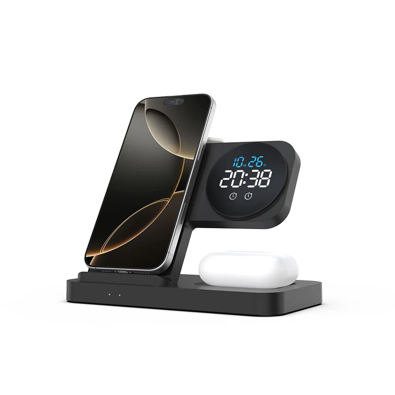 [B2B Sample Order] Foldable 4-in-1 Wireless Charging Station with Digital Clock & Alarm (15W Max) | Custom Logo & Free Mockup