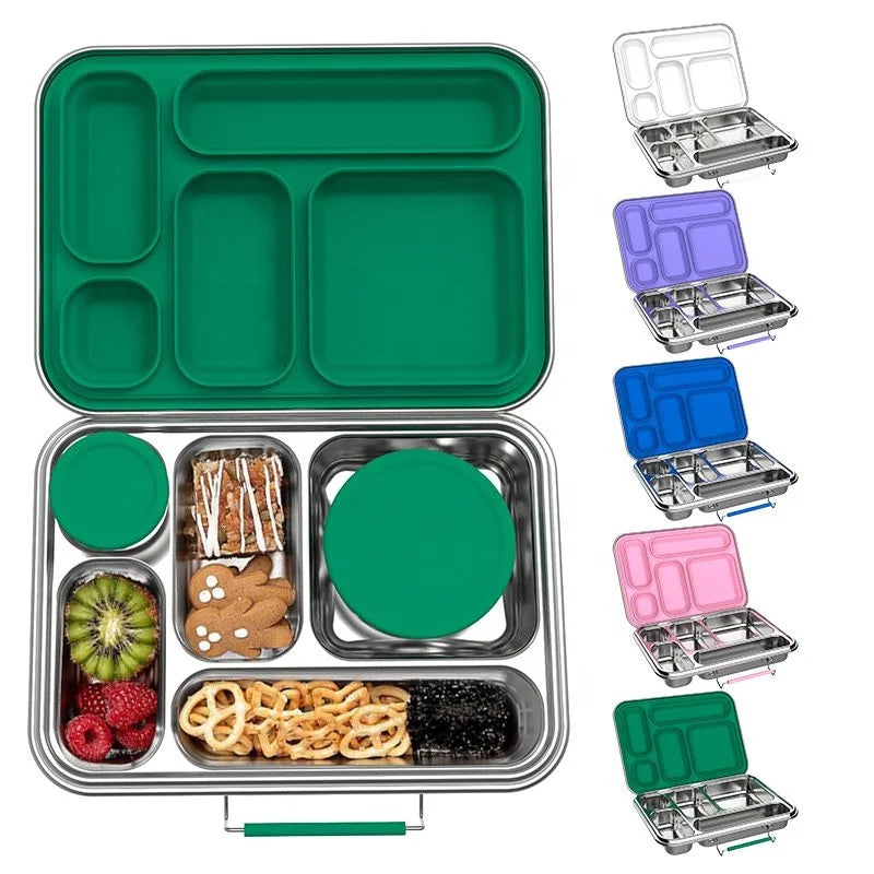 [B2B Sample Order] 5-Compartment 304 Stainless Steel Bento Lunch Box Set with 2 Dip Containers (935ml) | Standard & Custom OEM Sample