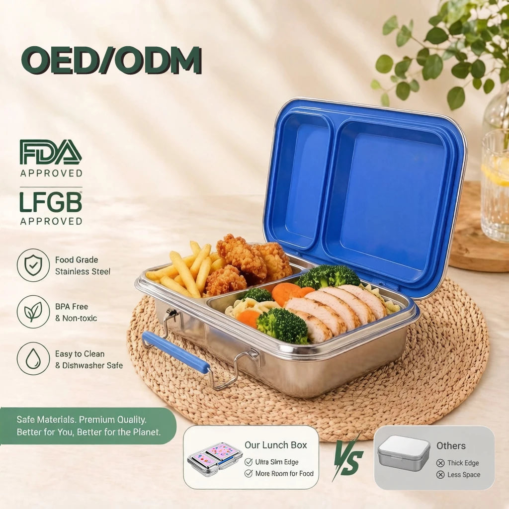 [B2B Sample Order] 2-Compartment 304 Stainless Steel Kids Bento Lunch Box with Silicone Seal (700ml) | Standard & Custom OEM Sample