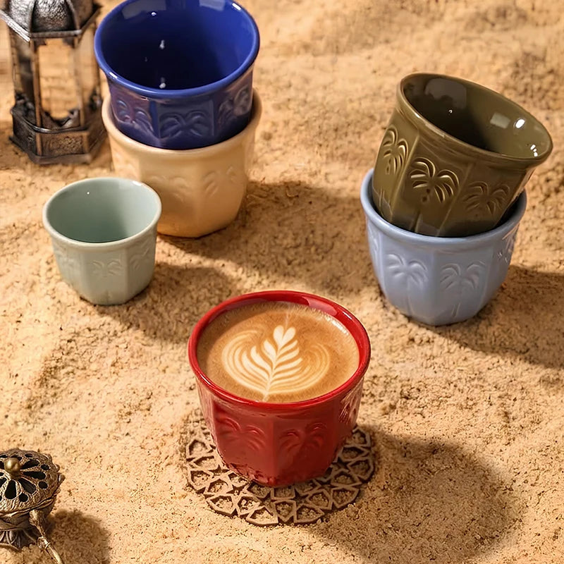 Embossed Palm Pattern Ceramic Arabic Coffee Cup | Traditional Saudi Arabia Qahwa Mug