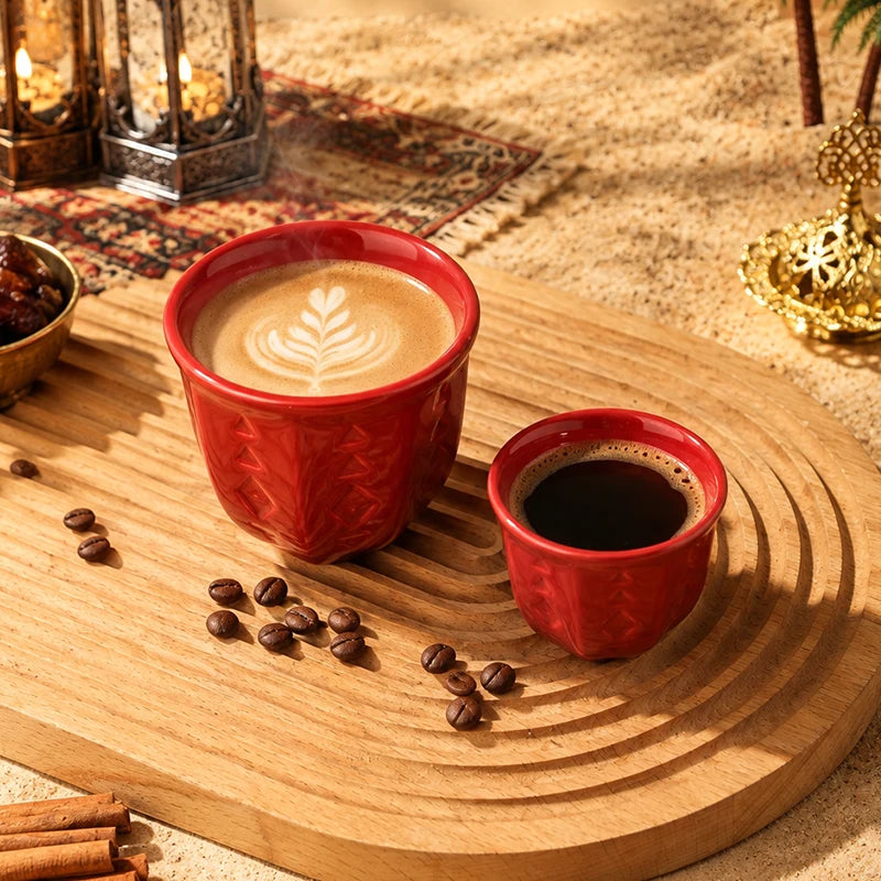 Embossed Ceramic Arabic Coffee Cup with Geometric Pattern | Traditional Saudi Arabia Qahwa Mug