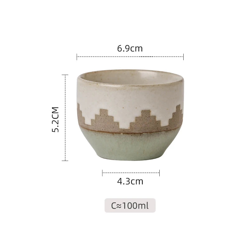 Middle Eastern Ceramic Cawa Cups with Geometric Relief | Rustic Glaze Saudi Arabia Coffee Mug