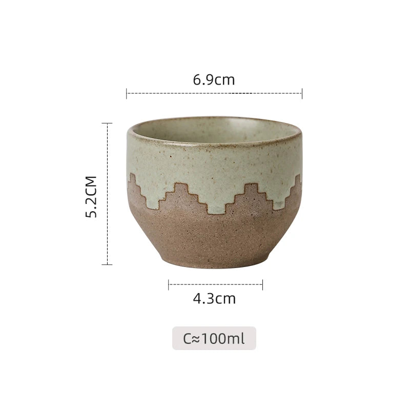 Middle Eastern Ceramic Cawa Cups with Geometric Relief | Rustic Glaze Saudi Arabia Coffee Mug