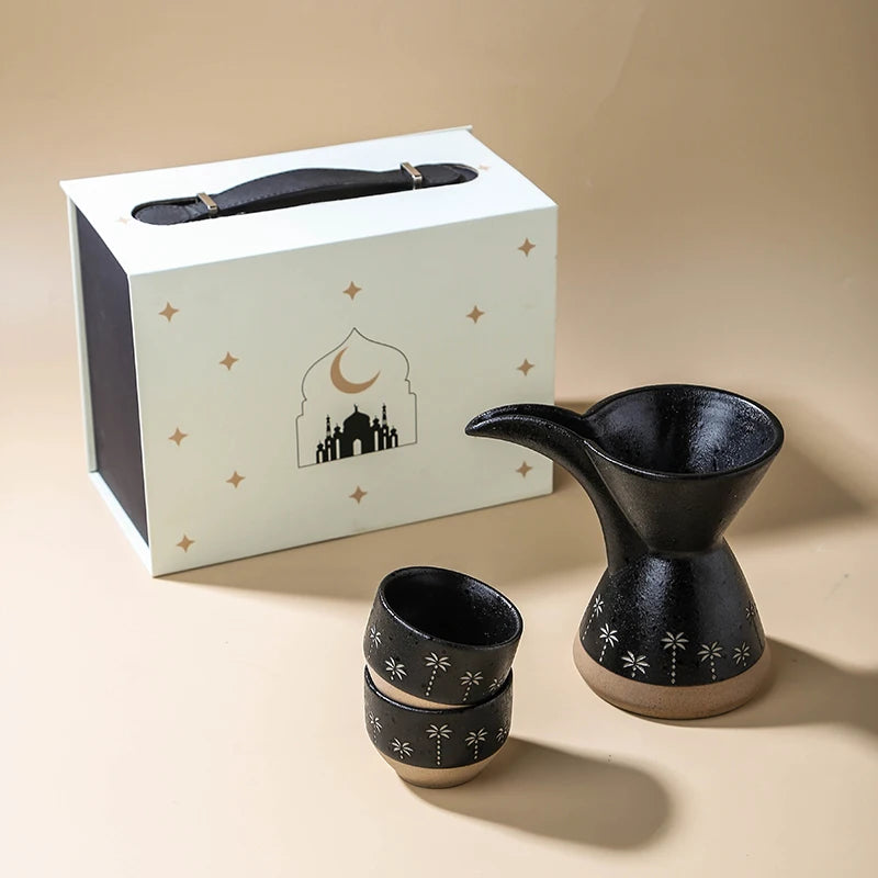 Traditional Arabic Ceramic Pour Over Coffee Dripper & Cups Set | Palm Tree Embossed Coffee Pot
