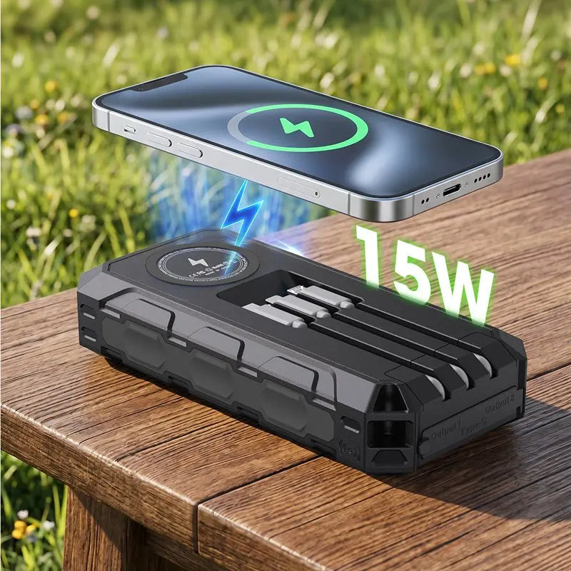 [B2B Sample Order] 30000mAh Solar Power Bank with Built-in 3 Cables (20W / 15W Wireless) | Custom Logo & Free Mockup
