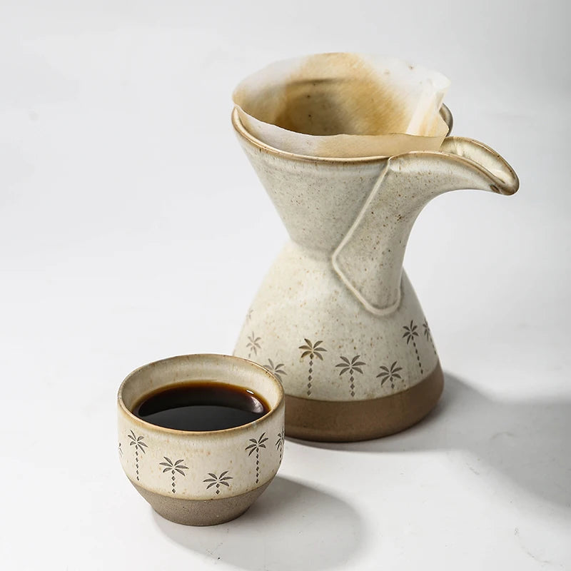 Ceramic Pour Over Coffee Dripper & Cups Set | Palm Tree Embossed Stoneware Coffee Maker