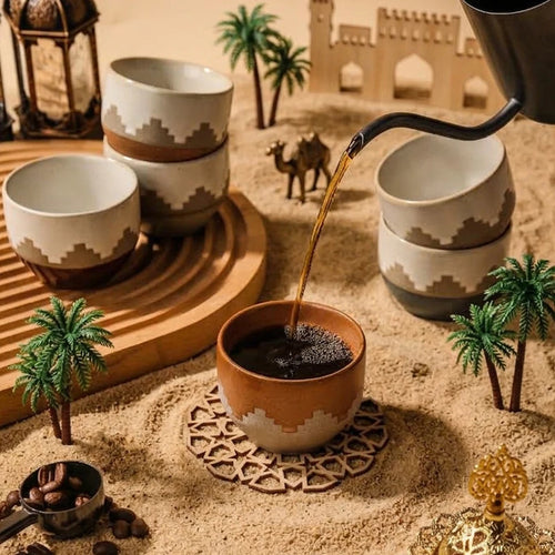 Middle Eastern Ceramic Cawa Cups with Geometric Relief | Rustic Glaze Saudi Arabia Coffee Mug