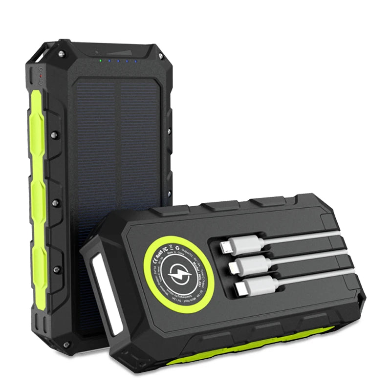 [B2B Sample Order] 30000mAh Waterproof Solar Power Bank with Built-in 3 Cables & 8-LED Floodlight | Custom Logo & Free Mockup