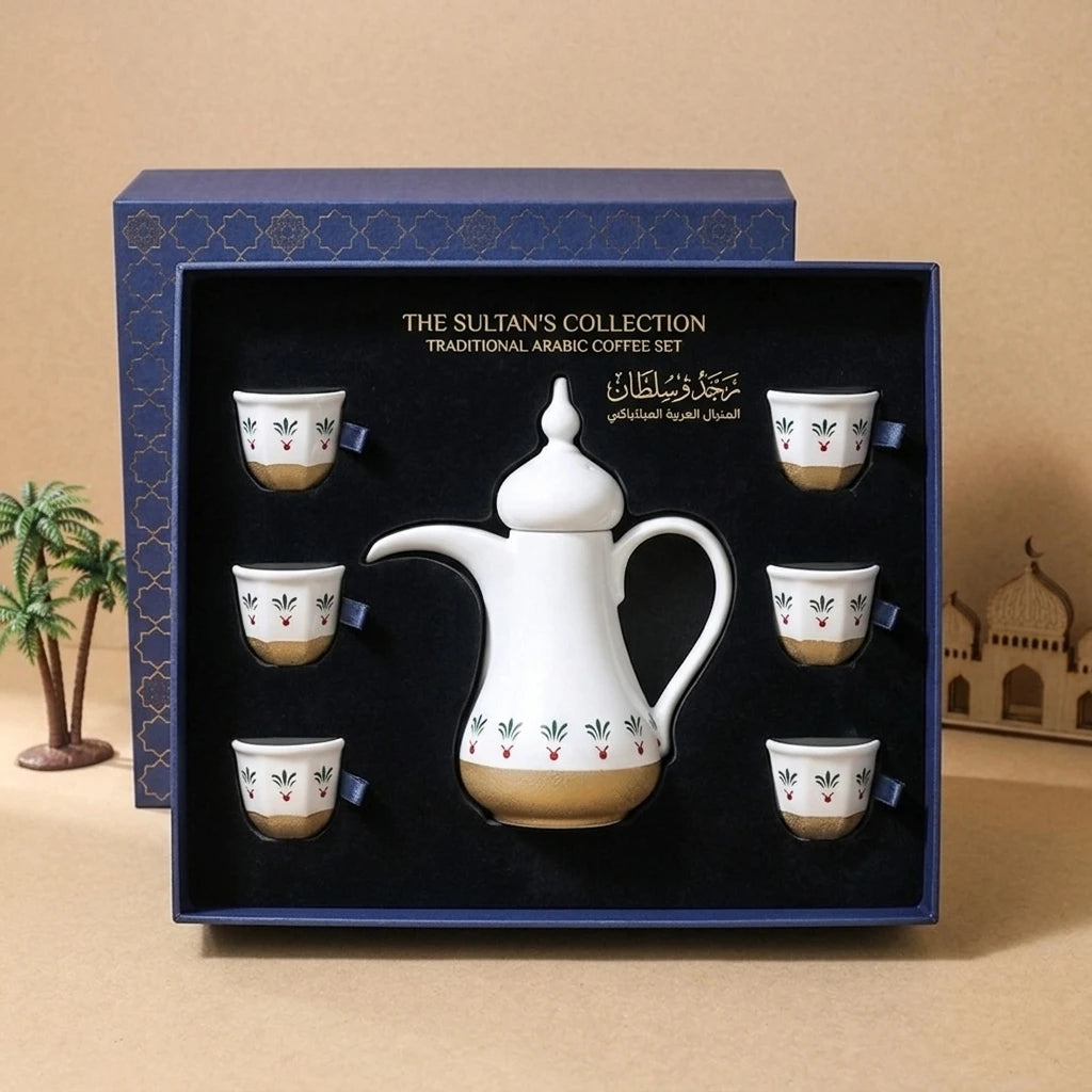 Luxury Ceramic Qahwa Dallah Coffee Set with 6 Cups | Traditional Arabic Hospitality Gift Set