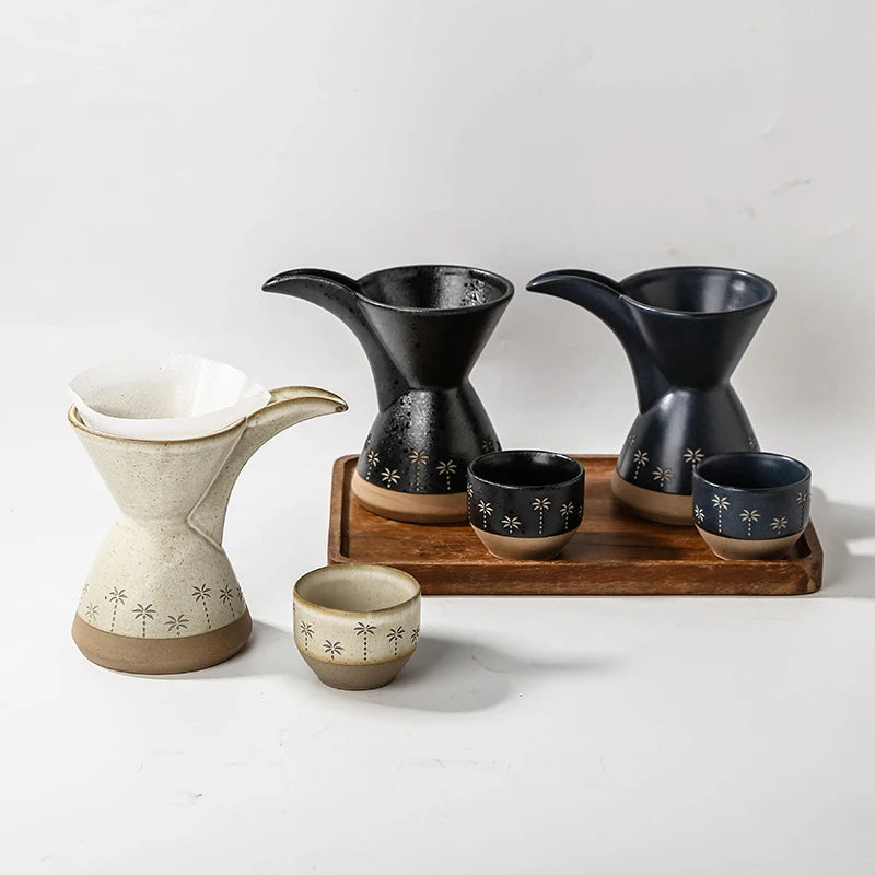 Ceramic Pour Over Coffee Dripper & Cups Set | Palm Tree Embossed Stoneware Coffee Maker