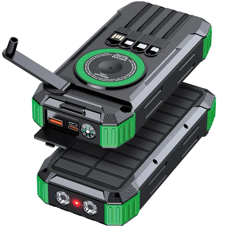 [B2B Sample Order] 20000mAh Solar Power Bank with Hand Crank & Built-in 4 Cables (PD 20W / 15W Wireless) | Custom Logo & Free Mockup