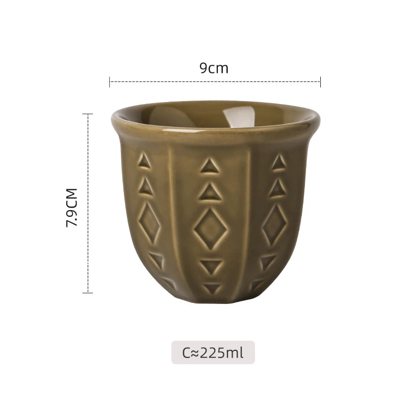 Embossed Ceramic Arabic Coffee Cup with Geometric Pattern | Traditional Saudi Arabia Qahwa Mug
