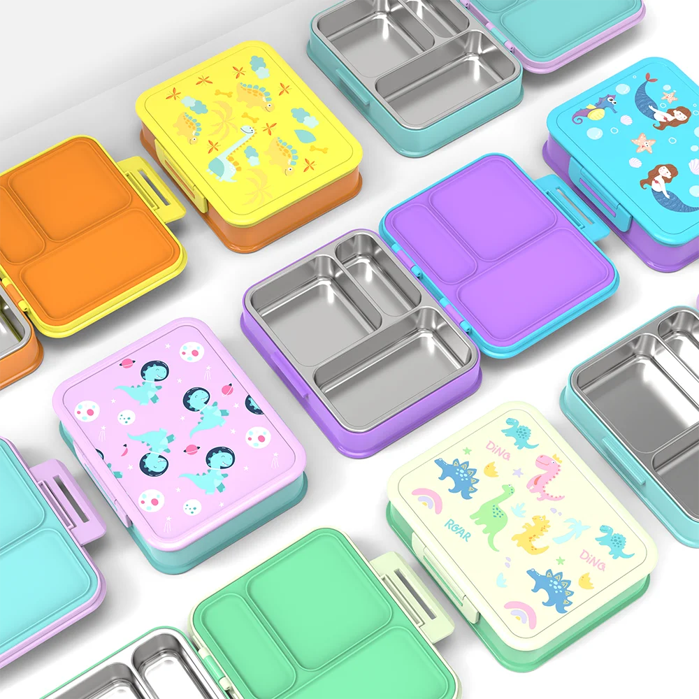 [B2B Sample Order] 3-Compartment 304 Stainless Steel Kids Bento Lunch Box with Thermal PP Shell (960ml) | Standard & Custom OEM Sample
