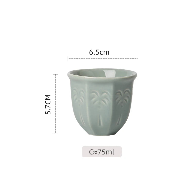 Embossed Palm Pattern Ceramic Arabic Coffee Cup | Traditional Saudi Arabia Qahwa Mug