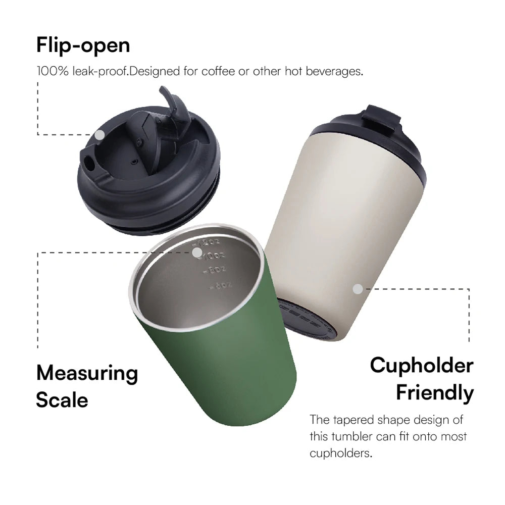 [B2B Sample Order] Flip-Open Stainless Steel Double-Wall Vacuum Insulated Coffee Mug (8oz / 12oz) | Free Digital Mockup & Custom Logo