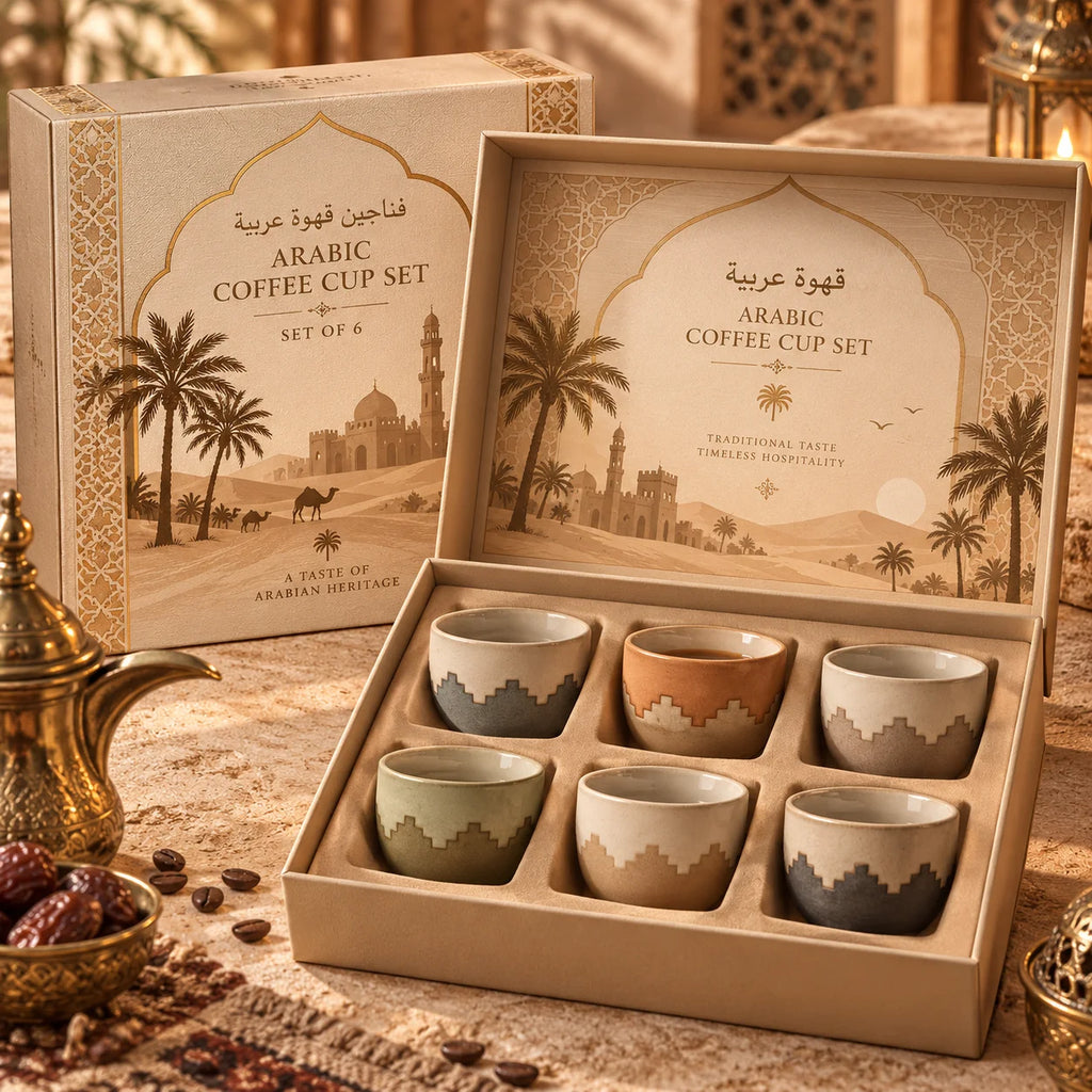 Middle Eastern Ceramic Cawa Cups with Geometric Relief | Rustic Glaze Saudi Arabia Coffee Mug