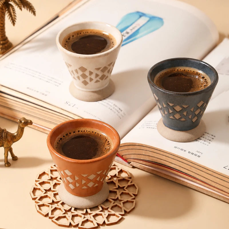 Traditional Arabic Ceramic Coffee Mug with Geometric Pattern | Handmade Saudi Arabia Pottery Cup