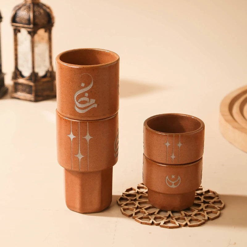 Handmade Ceramic Arabic Qahwa Cup Set with Lidded Date Bowl | Ramadan & Eid Hospitality Gift Set