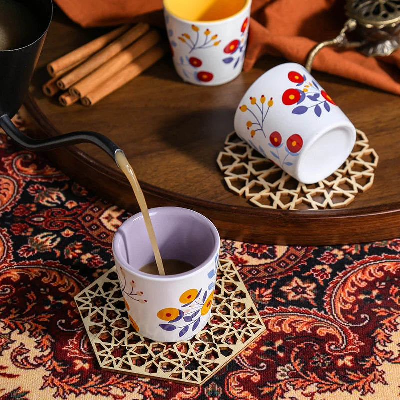 [B2B Sample Order] Ceramic Arabic Coffee Cup Gift Set (60ml) Floral Decal | Custom Logo & Free Mockup