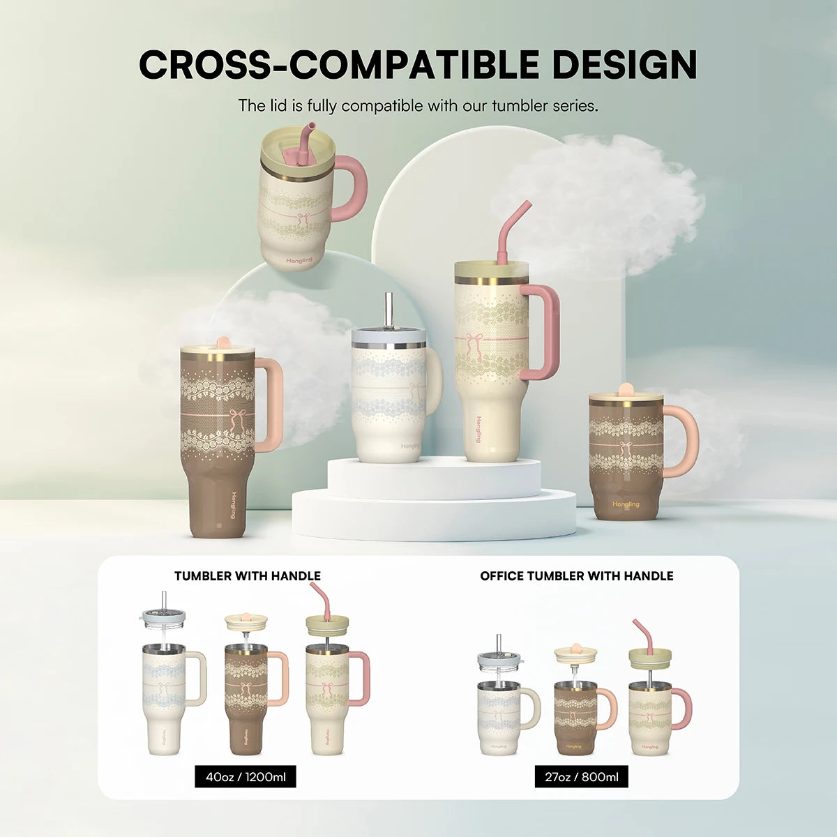 [B2B Sample Order] 1.2L (40oz) Tumbler with Ergonomic Handle & Multi-Lids Double-Wall 18/8 Stainless Steel Vacuum Insulated | Free Digital Mockup & Custom Logo