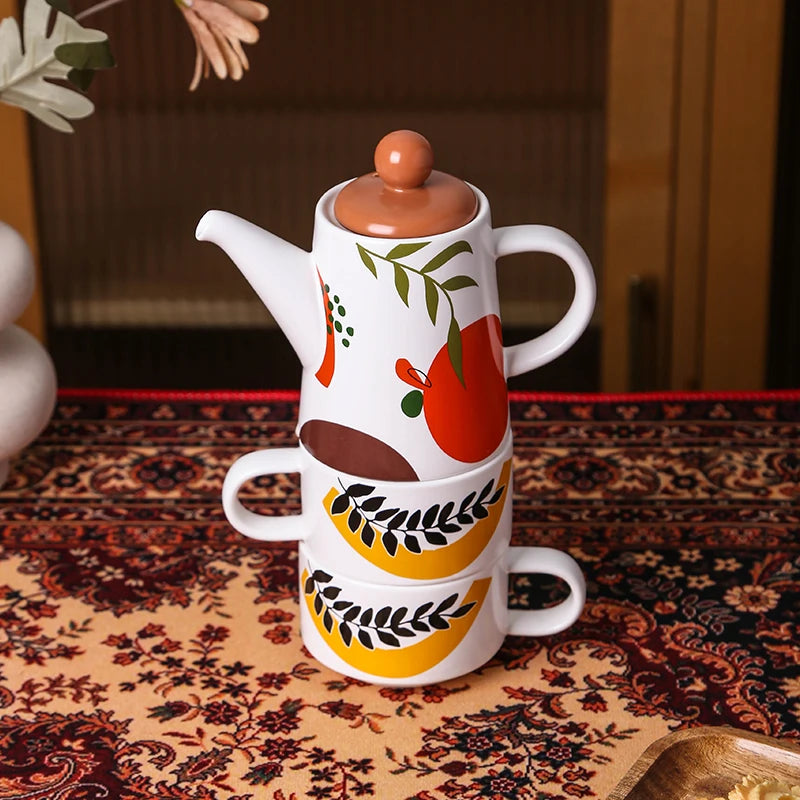 Royal Arabic 3-in-1 Stackable Ceramic Tea Set with Teapot and Cups | Middle East Gift Set