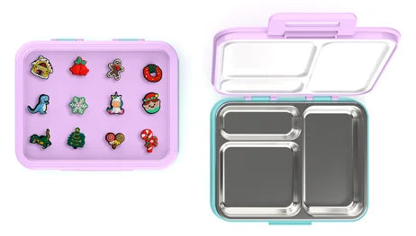 3-Compartment Stainless Steel Kids Bento Lunch Box with DIY Charm Lid (960ml)