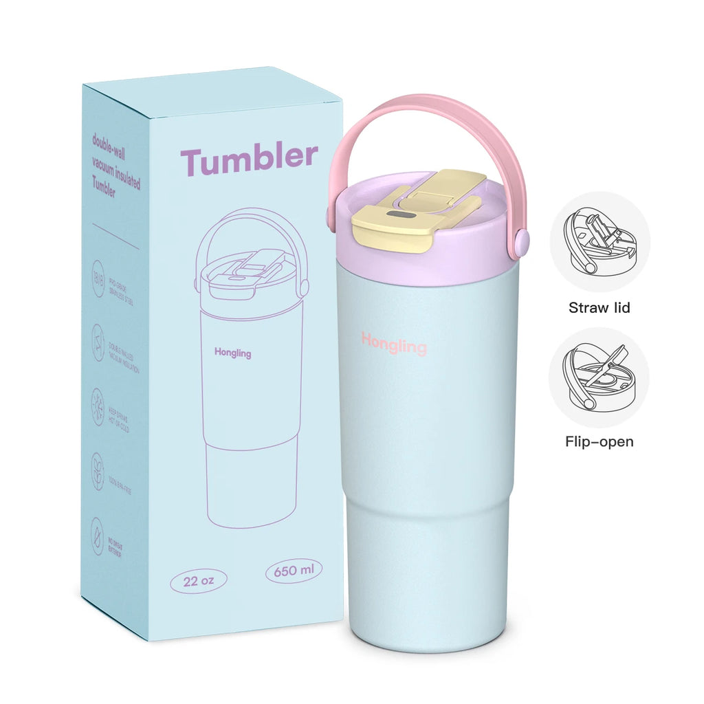 [B2B Sample Order] 22oz Stainless Steel Insulated Tumbler with Handle & 2-in-1 Lid | Free Digital Mockup & Custom Logo