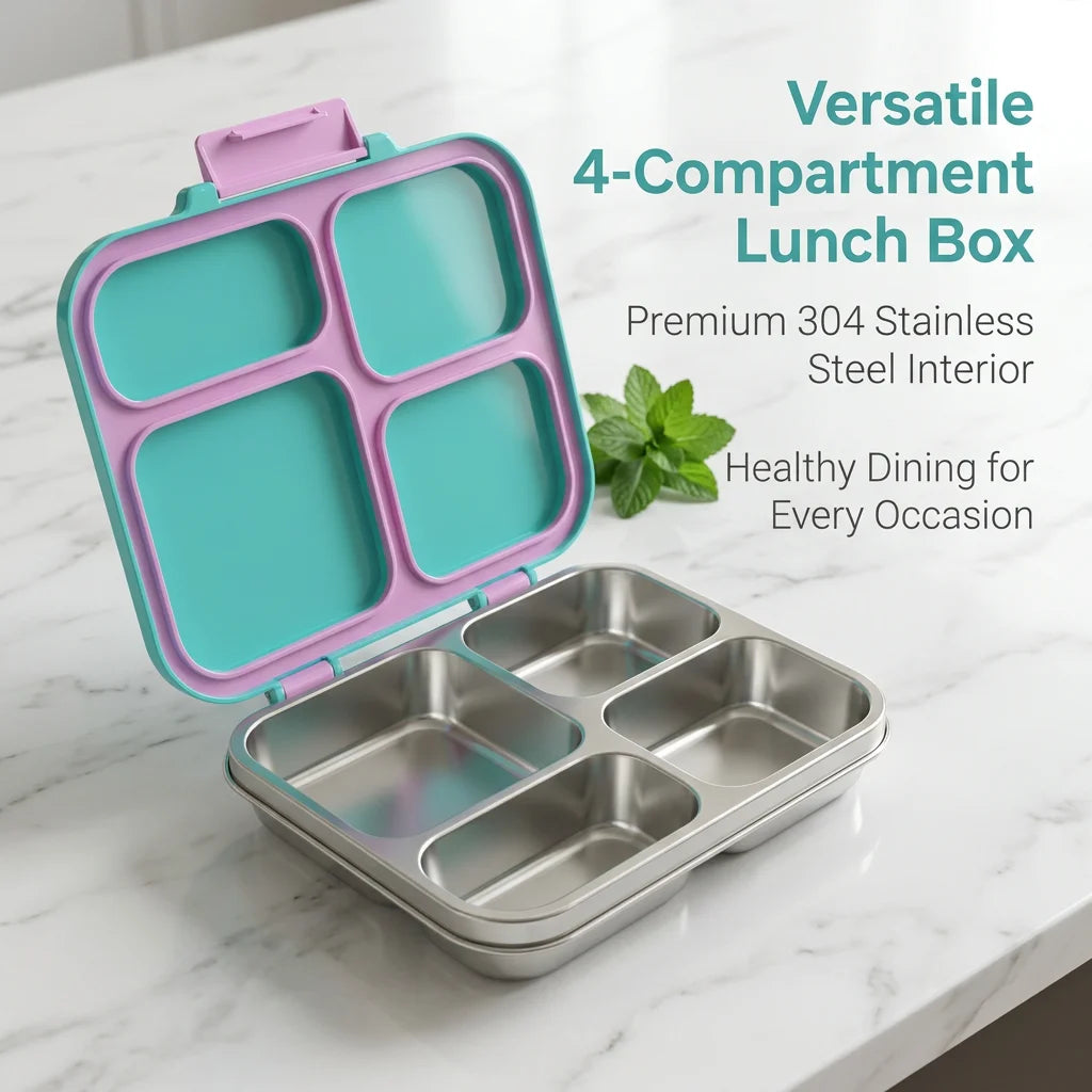 [B2B Sample Order] 4-Compartment 304 Stainless Steel Kids Bento Lunch Box with Leakproof Seal (1000ml) | Standard & Custom OEM Sample