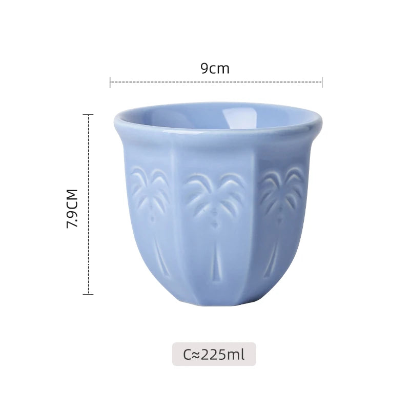 Embossed Palm Pattern Ceramic Arabic Coffee Cup | Traditional Saudi Arabia Qahwa Mug