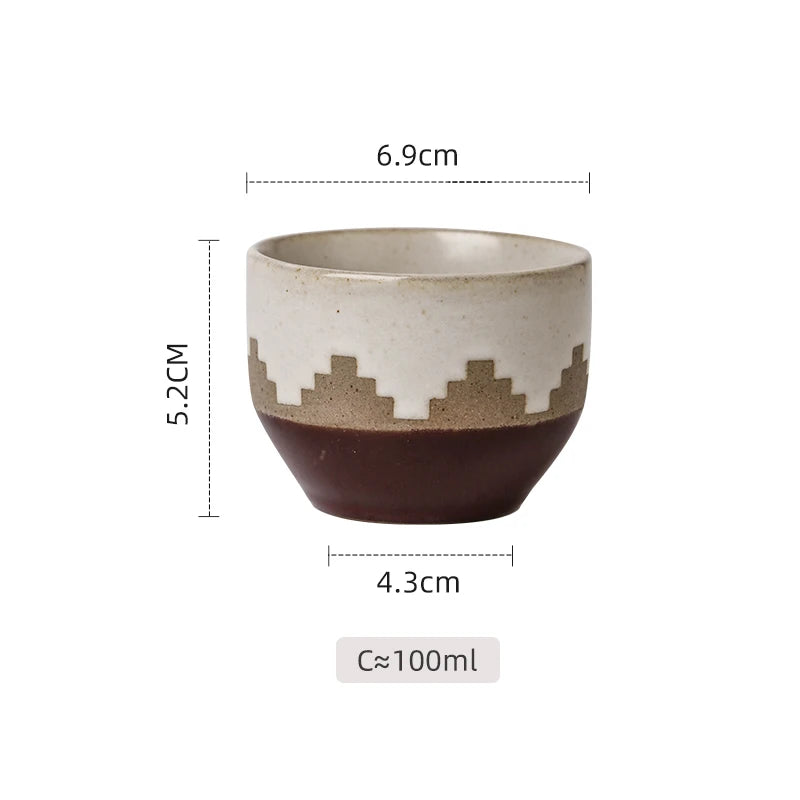 Middle Eastern Ceramic Cawa Cups with Geometric Relief | Rustic Glaze Saudi Arabia Coffee Mug