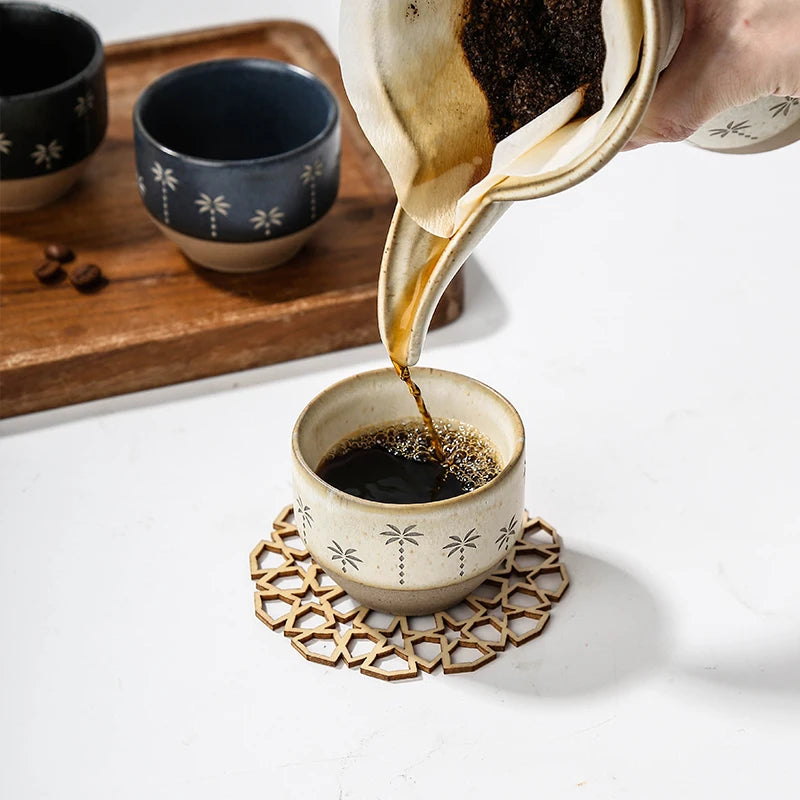 Ceramic Pour Over Coffee Dripper & Cups Set | Palm Tree Embossed Stoneware Coffee Maker