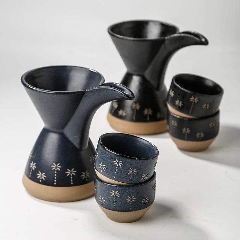 Traditional Arabic Ceramic Pour Over Coffee Dripper & Cups Set | Palm Tree Embossed Coffee Pot