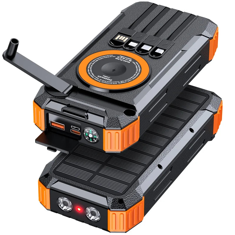 [B2B Sample Order] 20000mAh Solar Power Bank with Hand Crank & Built-in 4 Cables (PD 20W / 15W Wireless) | Custom Logo & Free Mockup