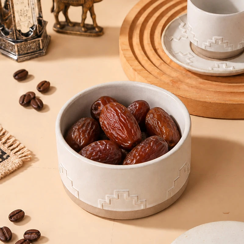 Embossed Geometric Ceramic Arabic Coffee Cup Set with Lidded Date Jar | Middle East Hospitality Gift Set